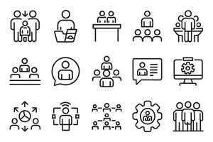 Classroom, team, interview, conference, work, discussion related editable stroke outline icon set isolated flat illustration white background. vector