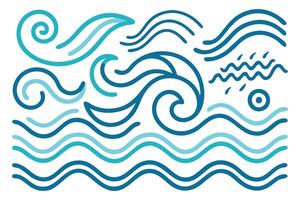 Decorative outline curly and swirly river liquid. Zigzag horizontal sea and ocean water elements isolated flat illustration on white background. vector