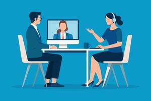 Business conference online watch class write notes get knowledge remotely. Expert consultant in headset assist client on distance via pc appisolated flat illustration. vector