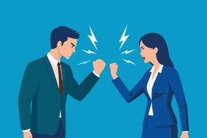 Business young couple fight standingrelationship in trouble. Different angry, use emotion shouting at each other. Argue husband has expression of disappointment and upset with wife. vector