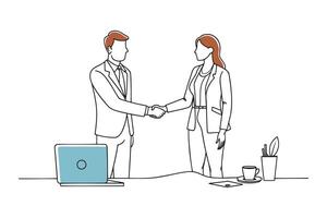 Business individuals shaking hands in an office, representing agreement and professional relationships isolated continuous line art flat illustration on white background. vector