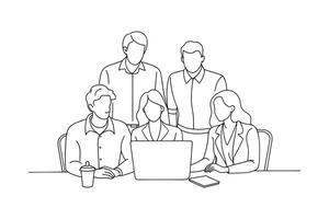 Several people gathered in an office environment, showcasing teamwork and collaboration isolated continuous line art flat illustration on white background vector