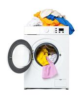 White Front Load Washing Machine With Clothes Inside and Laundry Detergent photo