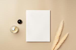 Blank stack of paper on beige background top view photo