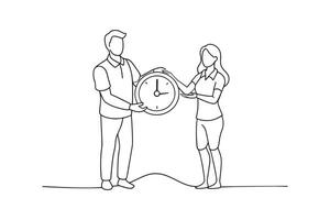 man and woman hold a clock and a dollar coin continuous line art flat illustration on white background. vector