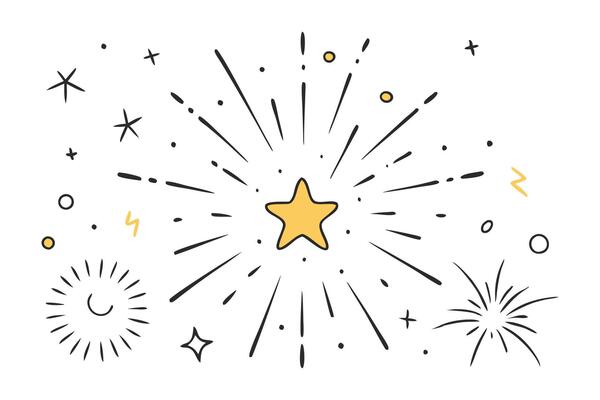 Hand drawn rays and explosion. Doodle brush ornament lines and surprise symbol flat illustration on white background