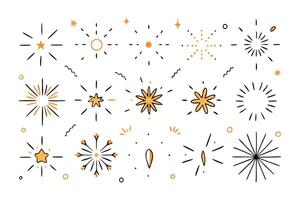 Sunburst doodle. Line shine rays and sparkles. Shining sparkles ray lines, confetti elements flat illustration set on white background vector
