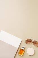 Glasses on the table with the stack of papers top view photo