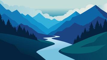 river flows through majestic mountains, surrounded by lush green trees, creating a picturesque natural landscape flat illustration vector