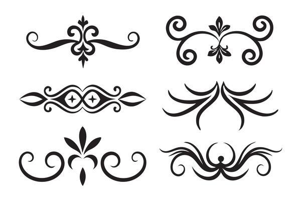A set of elegant black and white decorative designs featuring diverse patterns and artistic elements flat illustration