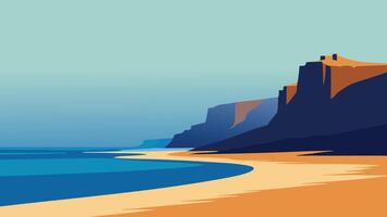 sandy beach with a majestic cliff rising on the horizon under a clear blue sky flat illustration. vector