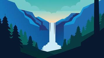 Waterfall flows over stones, framed by dense trees in a peaceful forest environment flat illustration. vector