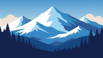 Snow covered trees atop a mountain, creating a serene winter landscape under a clear blue sky flat illustration.e vector