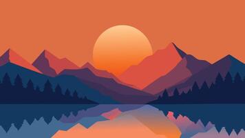 Sunset over mountains, their reflection shimmering in a tranquil lake, creating a picturesque landscape flat illustration. vector