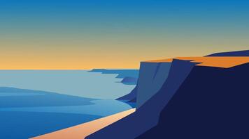 Panoramic view from a cliff top, highlighting the serene sea and the distant horizon under a bright, sunny sky flat illustration. vector