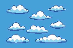Pixel cloud. Game animation 8bit sky, digital cloudy retro scene, flying white computer clouds on blue sky flat illustration vector