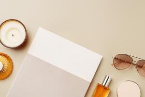 Glasses on the table with the stack of papers top view photo