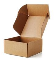 Empty cardboard box on a white surface showing its open position photo