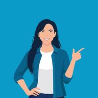 A woman points with her finger, directing attention to a specific object or area flat illustration. vector