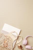Stack of paper and fabric bag, blank objects for placing your design photo