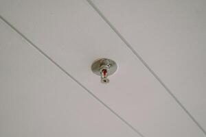 Close-up of a fire sprinkler installed on a ceiling, showcasing its design and functionality photo