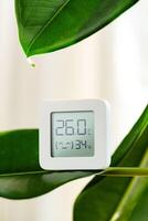 White Digital Thermometer Attached to a Plant Stem Showing a Temperature photo