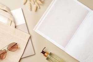 Stack of paper and fabric bag, blank objects for placing your design photo