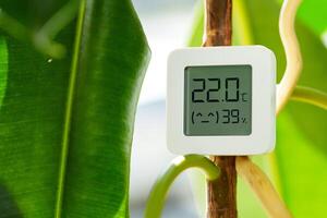 White Digital Thermometer Attached to a Plant Stem Showing a Temperature of 22 Degrees Celsius and a Humidity of 39 Percent photo