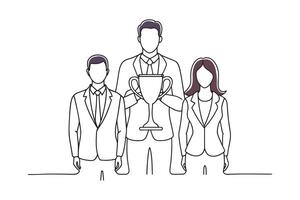 Business professionals proudly holding a trophy in an office, representing achievement and collaboration isolated continuous line art flat illustration on white background.. vector