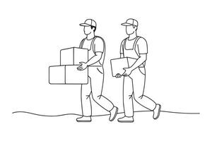 Two men in overalls and gloves transporting boxes isolated continuous line art flat illustration on white background vector