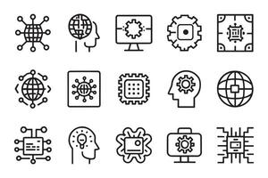 Machine learning, digital AI technology, algorithm related editable icon set isolated flat illustration white background vector