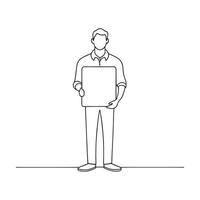 man stands holding a blank board in front of him continuous line art flat illustration on white background. vector