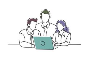 Couple and a man at a desk, focused on a laptop, symbolizing teamwork and connection isolated continuous line art flat illustration on white background vector