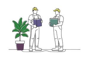 Two men dressed in overalls and work boots hold boxes and a plant, symbolizing collaboration in a work environment isolated continuous line art flat illustration on white background. vector