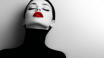 Elegant woman with bold red lips poses against a minimalistic background, showcasing a modern fashion aesthetic photo