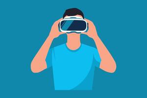Man immersed in a virtual reality experience, wearing a sleek VR headset, showcasing modern technology in action flat illustration. vector