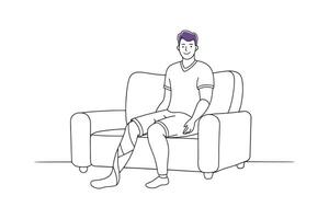 Man seated on a couch, his broken leg in a cast, conveying a sense of recovery isolated continuous line art flat illustration on white background. vector