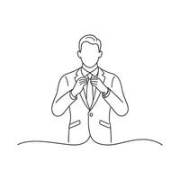 man in a suit is adjusting his tie continuous line art flat illustration on white background. vector