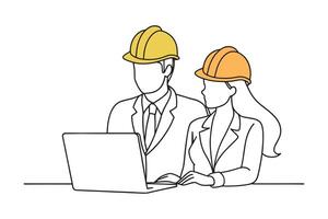 Man and woman in hard hats, positioned next to a laptop, representing collaboration in a professional setting isolated continuous line art flat illustration on white background.. vector