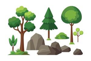 Trees and rocks set isolated flat illustration white background. vector