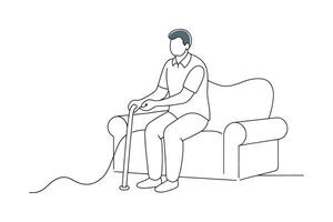 Man on a couch, cane in hand, illustrating a moment of rest and contemplation isolated continuous line art flat illustration on white background vector