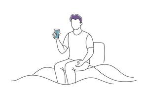 Man seated on a bed, gently holding a glass of water, conveying tranquility isolated continuous line art flat illustration on white background vector
