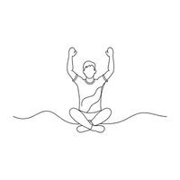 man sits on the floor with his hands raised continuous line art flat illustration on white background. vector
