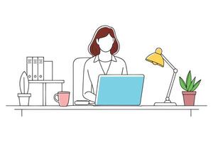 Woman focused on her work in a home office setting, surrounded by office supplies and technology isolated continuous line art flat illustration on white background. vector