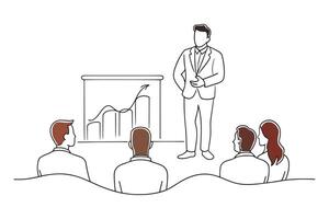 Man delivering a presentation to a captivated group, emphasizing interaction and focus isolated continuous line art flat illustration on white background. vector