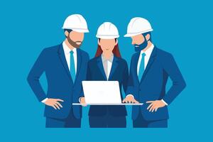 Three individuals wearing hard hats and formal attire engaged in a discussion over a laptop, emphasizing teamwork and planning isolated flat illustration vector