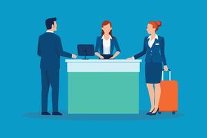 Female receptionist serving tourists at the front desk isolated flat illustration. vector