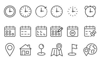 Time, date and location editable stroke outline icons set. Address line icons and navigation outline icons set. isolated on white background. vector