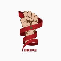 Happy Moroccan Independence Day, with a Moroccan Flag design held and wrapped around the hand vector
