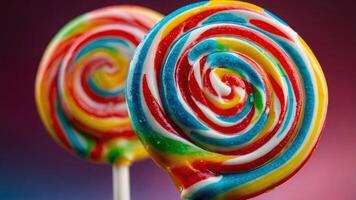 Two colorful spiral lollipops with vibrant swirls against a gradient background. photo